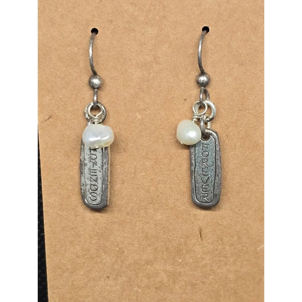 Vintage 90s/Y2K Friends Forever Pearl Drop Earrings Silver Tone Estate Jewelry